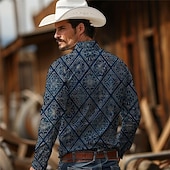 economico camicie western da uomo-Per uomo Azteco Tribale Etico / africano Camicia Western Camicia da cowboy Manica Lunga Vintage Stile Western Tribale All'aperto Vacanza Corsa di Cavalli Primavera &amp; Estate Collo ripiegato Stampato