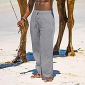 cheap Holiday-Men&#039;s Linen Pants Trousers Summer Pants Beach Pants Pocket Drawstring Elastic Waist Plain Comfort Breathable Daily Holiday Vacation Hawaiian Boho Black White