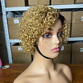 abordables Perruques sans bonnet-Perruques de cheveux humains bouclés courts pour les femmes noires perruque de partie latérale coupe de lutin cheveux humains brésiliens remy profonds bouclés aucun avant de lacet ombre blonde