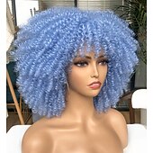 cheap Party Wigs-Curly Wig with Bangs for Black Women Short Kinky Curly Wig 14inch Afro Hair Carnival Party Christmas Cosplay Wigs Sky Blue
