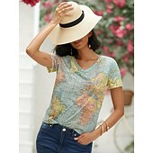 cheap Humor&amp;Quotes tee-Women&#039;s T Shirt Blouse Basic Modern Print T-shirt Sleeve Short Sleeve Regular Tops V Neck Street Daily Blue Summer