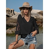 economico Top in Pizzo-Bluse Eleganti in Pizzo per Donna con Occhielli Camicia Boho a Maniche 3/4 Collo a V Petits Romantici da Indossare in Estate e Vacanza Nero Arancione Estate Primavera