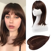 baratos Franjas-Topper de cabelo de 14 polegadas para mulheres com cabelos ralos, perucas toppers para cabelos ralos com franja, cobertura de base grande, topper de cabelo sintético, prendedores de cabelo, marrom