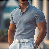 preiswerte Urlaub-Herren-Poloshirts aus Baumwolle mit Waffelmuster, Golfhemd, lässig, Urlaub, Revers, gerippter Polokragen, kurze Ärmel, modisch, Basic, einfarbig, Knöpfe, weich, Sommer, Frühling, normale Passform, weiß, gelb, grün, grau, Waffelpolo