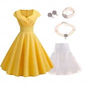 baratos Conjuntos-conjunto com vestido vintage flare colar de pérolas falsas brincos pulseira com anágua tutu sob a saia 1950 anos 1960 rockbility vestido retrô vintage feminino 6 peças roupas primavera verão roupa