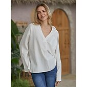 voordelige Overhemden-Dames Katoenen linnen overhemd Blouse Effen Basic Lange mouw V-hals Normale tops Werk Casual Knop Zak Zwart Wit Rood Khaki Grijs Zomer Lente