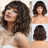 abordables Perruques Synthétiques Sans Bonnet-Perruques blondes ombrées pour femmes blanches, perruque courte ondulée avec frange, perruque bob blonde cendrée avec racines foncées, cheveux synthétiques naturels de longueur moyenne pour fête