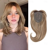 baratos Franjas-Toppers de cabelo de 14 polegadas para mulheres, toppers de cabelo em camadas longas, toppers de cabelo sintético, pedaços de cabelo para mulheres com cabelo ralo, perucas de fibra marrom clara,