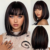 economico Parrucche trendy sintetiche-parrucca bionda castano bob ombre con frangia parrucche corte diritte naturali per donne parrucche sintetiche lunghe fino alle spalle per cosplay quotidiano