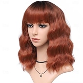 economico Parrucche trendy sintetiche-parrucca ondulata grigio argento con frangia per le donne parrucche grigie ombre lunghezza fino alle spalle parrucca riccia bob dall&#039;aspetto naturale bianco argento con radici scure capelli sintetici