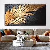 preiswerte Abstrakte Gemälde-Handgemaltes abstraktes Federölgemälde auf Leinwand, handgemaltes modernes Wandgemälde in Gold und Schwarz für Wohnzimmer, Schlafzimmer, Wanddekoration, individuell strukturiertes Gemälde