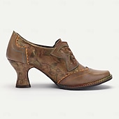 cheap Victorian &amp; Edwardian-Women's Heels Pumps Handmade Shoes Vintage Shoes Wedding Party Floral Kitten Heel Round Toe Elegant Vintage Premium Leather Lace-up Brown