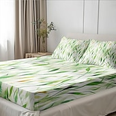 abordables Sábanas y funda de almohada-Juego de sábanas ajustables con patrón de hojas 100% algodón, sábanas sedosas y transpirables ultra suaves, sábanas de cama con bolsillos profundos, tamaño queen king de 3 piezas