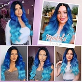 olcso Party Parókák-Hosszú kék hullámos parókák nőknek ombre kék tengerész haj parókák hosszú göndör szintetikus haj mindennapi vagy cosplay Halloween parókákhoz