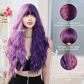 economico Parrucche trendy sintetiche-lunghe parrucche ondulate viola con frangia 26 pollici ricci sintetici parrucche ombre resistenti al cuore per le donne cosplay di feste quotidiane usate