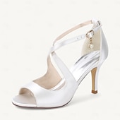 billige Prom-kvinners sateng peep-toe hæler med perle ankel stropp – elegante champagne bryllup sko for bruder og brudepiker