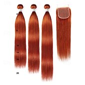 baratos 3 conjuntos com fecho-Pacotes de cabelo colorido com fecho #350 gengibre cabelo humano brasileiro tecelagem com 4*4 fechos osso extensão de cabelo reto