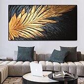 preiswerte Abstrakte Gemälde-Handgemaltes abstraktes Federölgemälde auf Leinwand, handgemaltes modernes Wandgemälde in Gold und Schwarz für Wohnzimmer, Schlafzimmer, Wanddekoration, individuell strukturiertes Gemälde