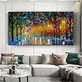 abordables Peintures paysages-peinture au couteau à pattle couple peint à la main avec parapluie marchant sous les lumières arbres effet de peinture à l&#039;huile retrousser l&#039;art de la toile peinture d&#039;art mural peinture de paysage