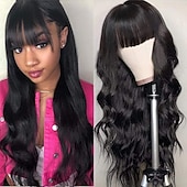 voordelige Kaploze pruiken van echt haar-Body Wave pruiken met pony Echt haar pruik voor zwarte vrouwen Natuurlijke kleur 150% dichtheid Braziliaans maagdelijk haar Geen Kanten pruiken Machine gemaakte pruik