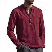 abordables Camisas Popover para Hombres-Camisas popover para hombre, color negro, azul marino, manga larga, lisas, estilo Henley, para vacaciones, estilo hawaiano, moda, informal, transpirable.