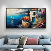voordelige Schilderijen van landschappen-met de hand geschilderd mediterraan landschap olieverfschilderij op canvas impressionistisch schilderij van de middellandse zee canvas kunst getextureerde kustschildering muurkunst schilderij voor
