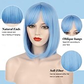 baratos Perucas de festa-perucas bob azuis para mulheres peruca de cabelo curto com franja perucas bob retas com parte do meio perucas sintéticas macias e cheias para uso diário em festas perucas de carnaval de 14 polegadas