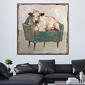 cheap Animal Paintings-Handmade A cow sitting on a sofa painting  handmade Abstract Cow Oil Painting Unique Artwork Vibrant Animal Canvas painting Wall Art Cow painting for living room bedroom wall home decor