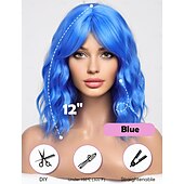 preiswerte Party Perücken-Blaue gewellte Bob-Perücken für Frauen, Kunsthaarperücke mit Pony für den täglichen Gebrauch, Karnevalsperücken