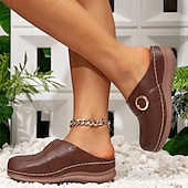 billiga Träskor och tofflor till damer-Dam Tofflor Bohem Plattformsandaler Höjdökande Skor Semester Strand Sommar Spänne Platå Rundtå Elegant bohemliv Semester Imitationsläder Loafers Brun Beige
