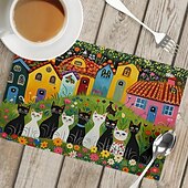 abordables Napperons et sous-verres et dessous de plat-sets de table de table à manger en lin série doodle art cat imperméables à l&#039;huile et isolés tapis de table à manger ménagers résistants à la chaleur imperméables à l&#039;huile et isolés tapis de table à