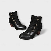 tanie Buty do kostki-damskie botki vintage z czerwonej skóry – najwyższej jakości skóra bydlęca z kwiatowymi akcentami guzikowymi i grubym obcasem, idealne do stylu retro i na co dzień