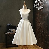 cheap Dresses-Vintage 1950s Little White Dress Knee Length Dress Bridal Solid Colored A-Line V Neck Women&#039;s Masquerade Wedding Bridal Shower Bachelorette Party Adults&#039; Dress Homecoming Dresses