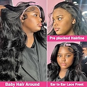 cheap Human Hair Lace Front Wigs-Remy Human Hair 13x4 Lace Front Wig Free Part Brazilian Hair Body Wave Black Wig 150% 180% Density with Baby Hair  Pre-Plucked For wigs for black women Long Human Hair Lace Wig
