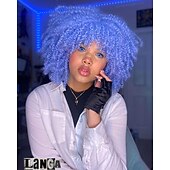 cheap Party Wigs-Curly Wig with Bangs for Black Women Short Kinky Curly Wig 14inch Afro Hair Carnival Party Christmas Cosplay Wigs Sky Blue