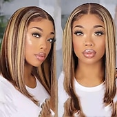 voordelige Pruiken van echt haar, met kanten voorzijde-highlight 13*4*1 p4/27 remy haar korte bob ombre menselijk haar pruiken blonde pruik rechte bob pruik