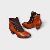 tanie Buty do kostki-damskie botki vintage z czerwonej skóry – najwyższej jakości skóra bydlęca z kwiatowymi akcentami guzikowymi i grubym obcasem, idealne do stylu retro i na co dzień