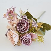 baratos Sr e Sra Casamento-Flor simulada 6 garfos fumaça e chuva rosa decoração de casa flor artificial rosa flor de seda estilo europeu esquema de cores mesa de jantar de hotel arranjo de flores