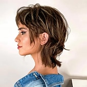 cheap Synthetic Trendy Wigs-Mullet Wig Shaggy Layered Fluffy Brown Mixed Blonde Curly Pixie Cut Wigs with Bangs Synthetic Wolf Cut Wig for Women 70s 80s Rocker Cosplay Halloween Costume Hair Replacement Wigs