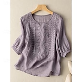 ieftine Cămăși-Pentru femei Cămașă Bluză Topuri lungi din bumbac Blat alb din bumbac Floral Casual Manșon Jumate Rotund Topuri obișnuite Ieșire Brodat Alb Galben Mov Kaki