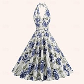 preiswerte Kleider-Retro Vintage 1950er Träger Midlänge Flapper Kleid Kleid Swing-Kleid Blumen Damen Maskerade Maskerade Date Junggesellinnenabschiedsparty Erwachsene Kleid Abschlussballkleider Frühling &amp; Sommer