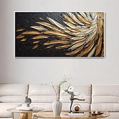 preiswerte Abstrakte Gemälde-Handgemaltes abstraktes Federölgemälde auf Leinwand, handgemaltes modernes Wandgemälde in Gold und Schwarz für Wohnzimmer, Schlafzimmer, Wanddekoration, individuell strukturiertes Gemälde