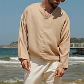 cheap Vacation-Men&#039;s Shirt Linen Shirt White Cotton Shirt Summer Shirt Beach Shirt Cotton Linen Shirt Plain Vacation Holiday Black White Khaki Long Sleeve V Neck Spring &amp;  Fall Clothing Apparel Button-Down