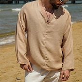 cheap Vacation-Men&#039;s Shirt Linen Shirt White Cotton Shirt Summer Shirt Beach Shirt Cotton Linen Shirt Plain Vacation Holiday Black White Khaki Long Sleeve V Neck Spring &amp;  Fall Clothing Apparel Button-Down