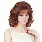 preiswerte ältere Perücke-Kurze Vintage-Bienenstock-Perücke in Ingwer-Mischblond mit Pony, lockiges, gewelltes, hitzebeständiges Kunsthaar für Damen, passend für 70er- und 80er-Jahre-Kostüme oder Halloween und Partys