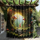 preiswerte Wasserdichte Vorhänge-Wasserdichter Outdoor Vorhang Außenvorhang für Privatsphäre, Außenjalousien, verschiebbare Terrassenvorhangvorhänge, Pergolavorhänge mit Ösen, Pilzwald für Pavillon, Balkon, Veranda, Party