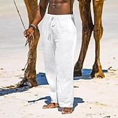 cheap Holiday-Men&#039;s Linen Pants Trousers Summer Pants Beach Pants Pocket Drawstring Elastic Waist Plain Comfort Breathable Daily Holiday Vacation Hawaiian Boho Black White