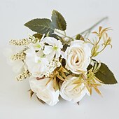 baratos Sr e Sra Casamento-Flor simulada 6 garfos fumaça e chuva rosa decoração de casa flor artificial rosa flor de seda estilo europeu esquema de cores mesa de jantar de hotel arranjo de flores