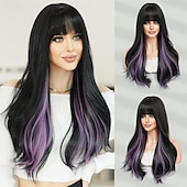 economico Parrucche trendy sintetiche-lunghe parrucche ondulate viola con frangia 26 pollici ricci sintetici parrucche ombre resistenti al cuore per le donne cosplay di feste quotidiane usate