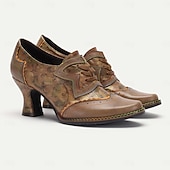 cheap Victorian &amp; Edwardian-Women's Heels Pumps Handmade Shoes Vintage Shoes Wedding Party Floral Kitten Heel Round Toe Elegant Vintage Premium Leather Lace-up Brown